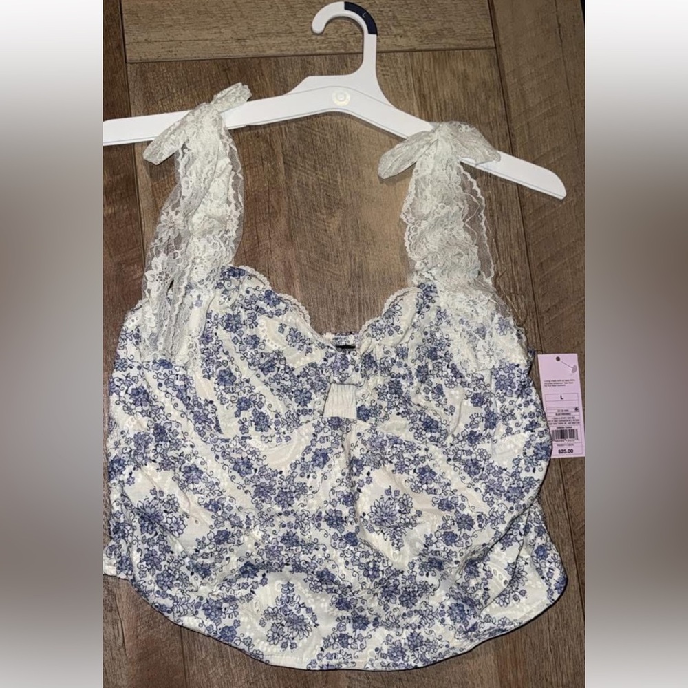Floral Lace Top with Blue and White Pattern